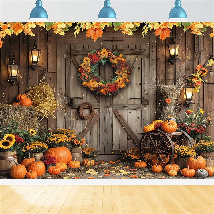 Sfondo Di Zucca Con Ghirlanda Autunnale Sulla Porta Del Fienile BRP7-97