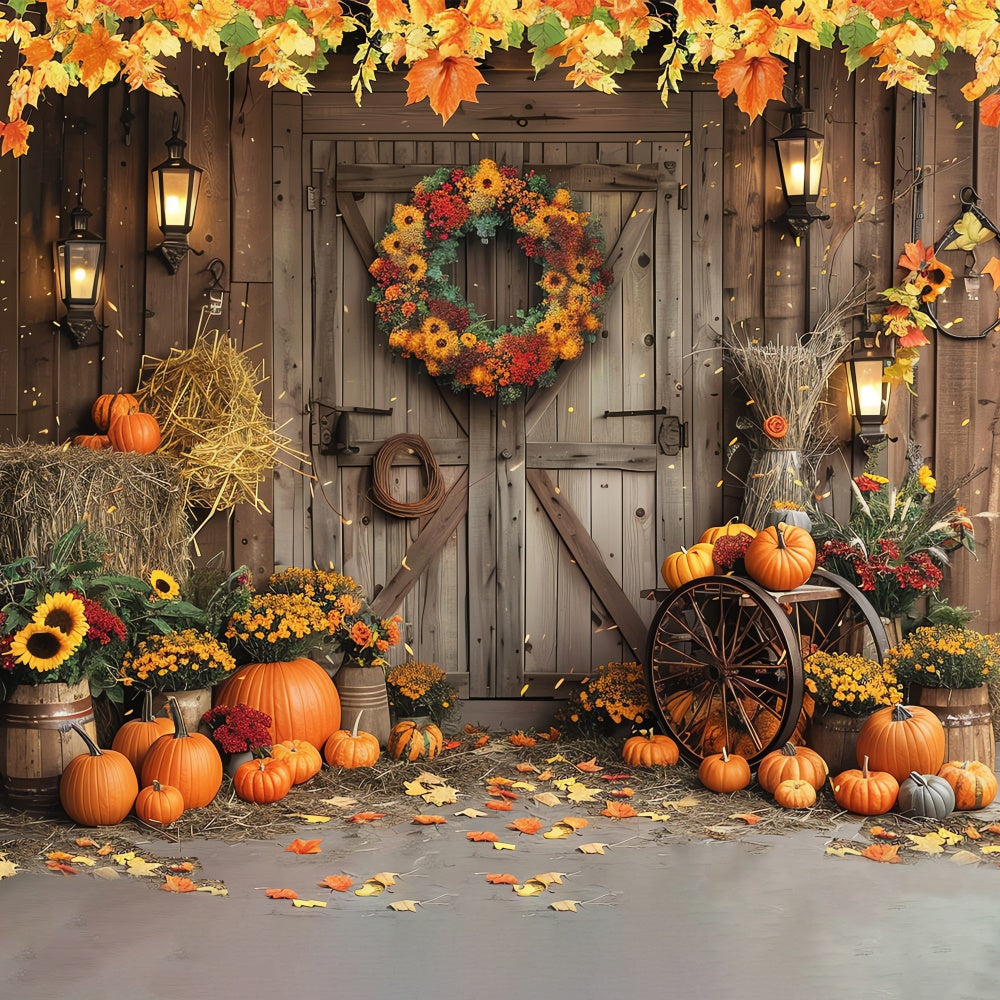 Sfondo Di Zucca Con Ghirlanda Autunnale Sulla Porta Del Fienile BRP7-97