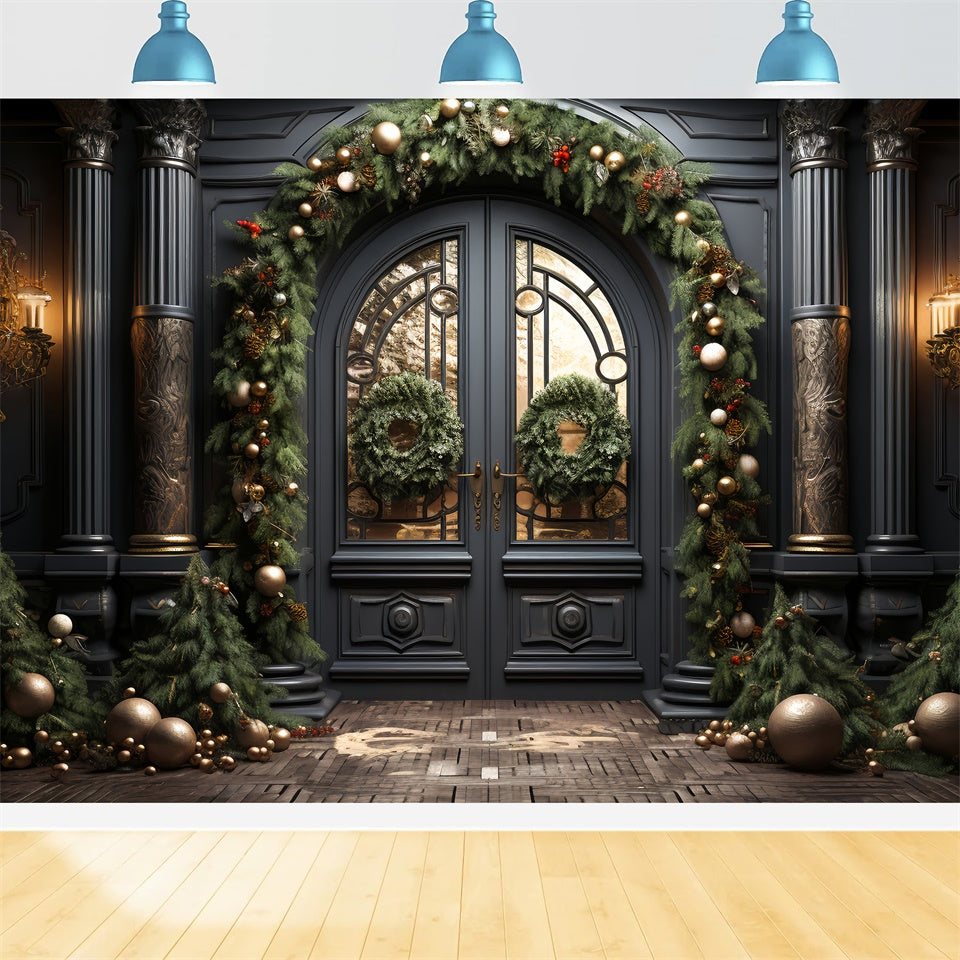 Elegante Porta Nera Con Sfondo Di Decorazioni Natalizie BRP8-128