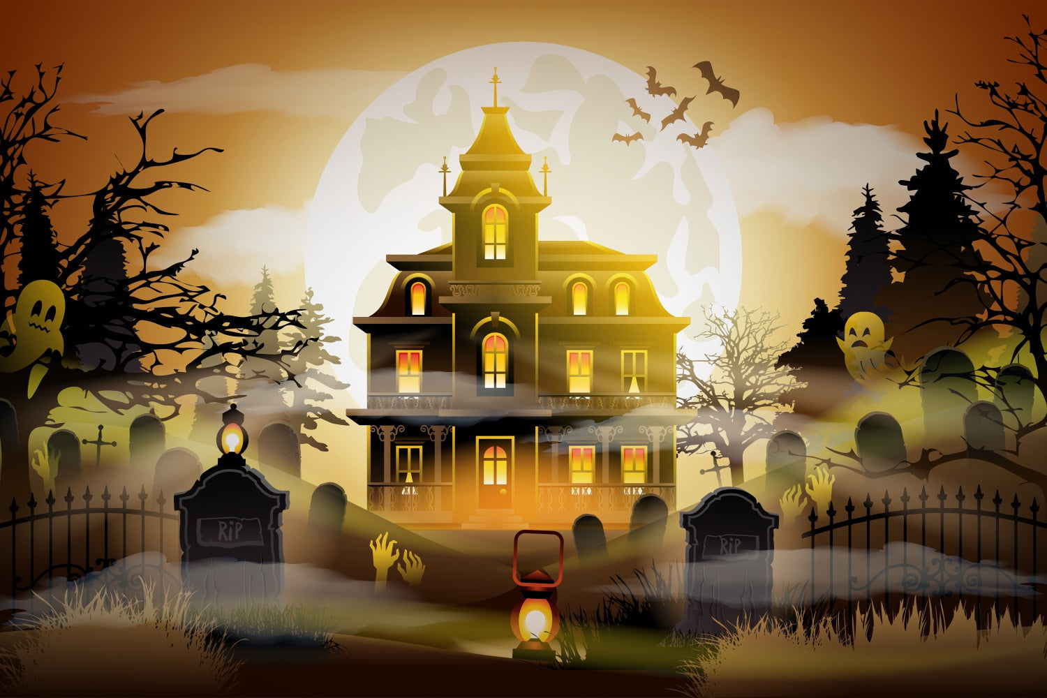 Sfondo Di Halloween Spaventoso Del Cimitero Spettrale Della Casa Stregata BRP8-163