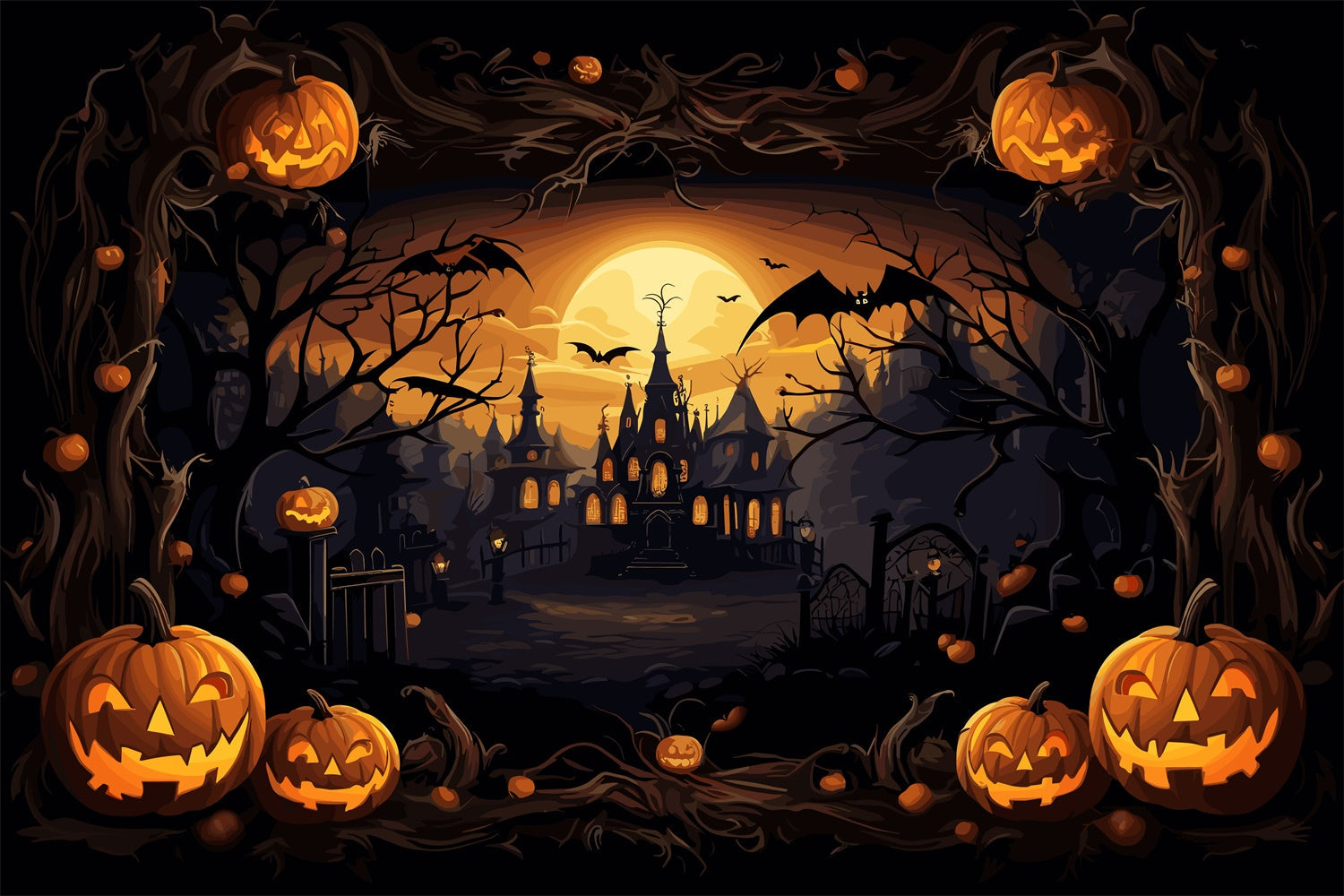 Sfondo Di Halloween Con Castello Spettrale E Zucche BRP8-164