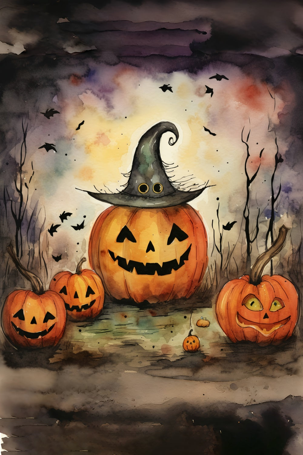 Sfondo Con Cappello Da Strega Di Halloween E Volti Di Zucca BRP8-167