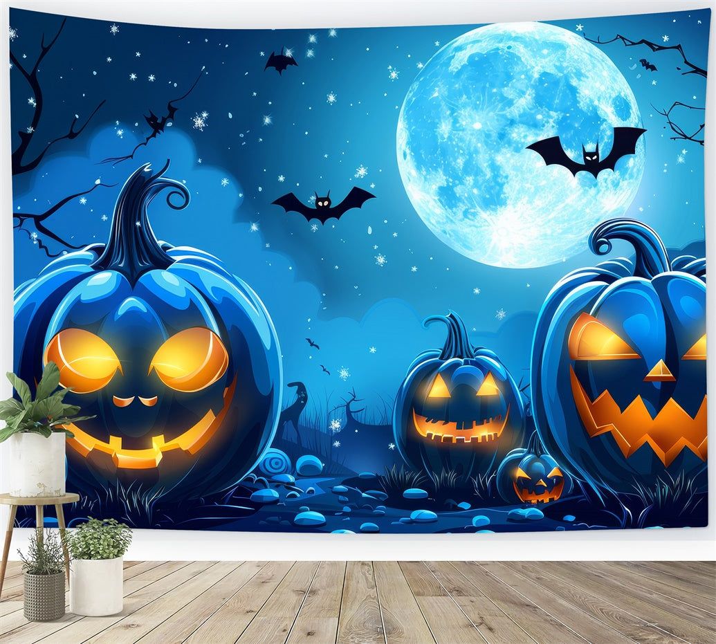 Inquietante Sfondo Blu Con Luna E Zucche Di Halloween BRP8-174