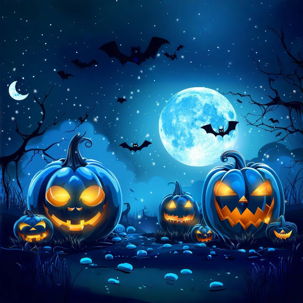 Inquietante Sfondo Blu Con Luna E Zucche Di Halloween BRP8-174