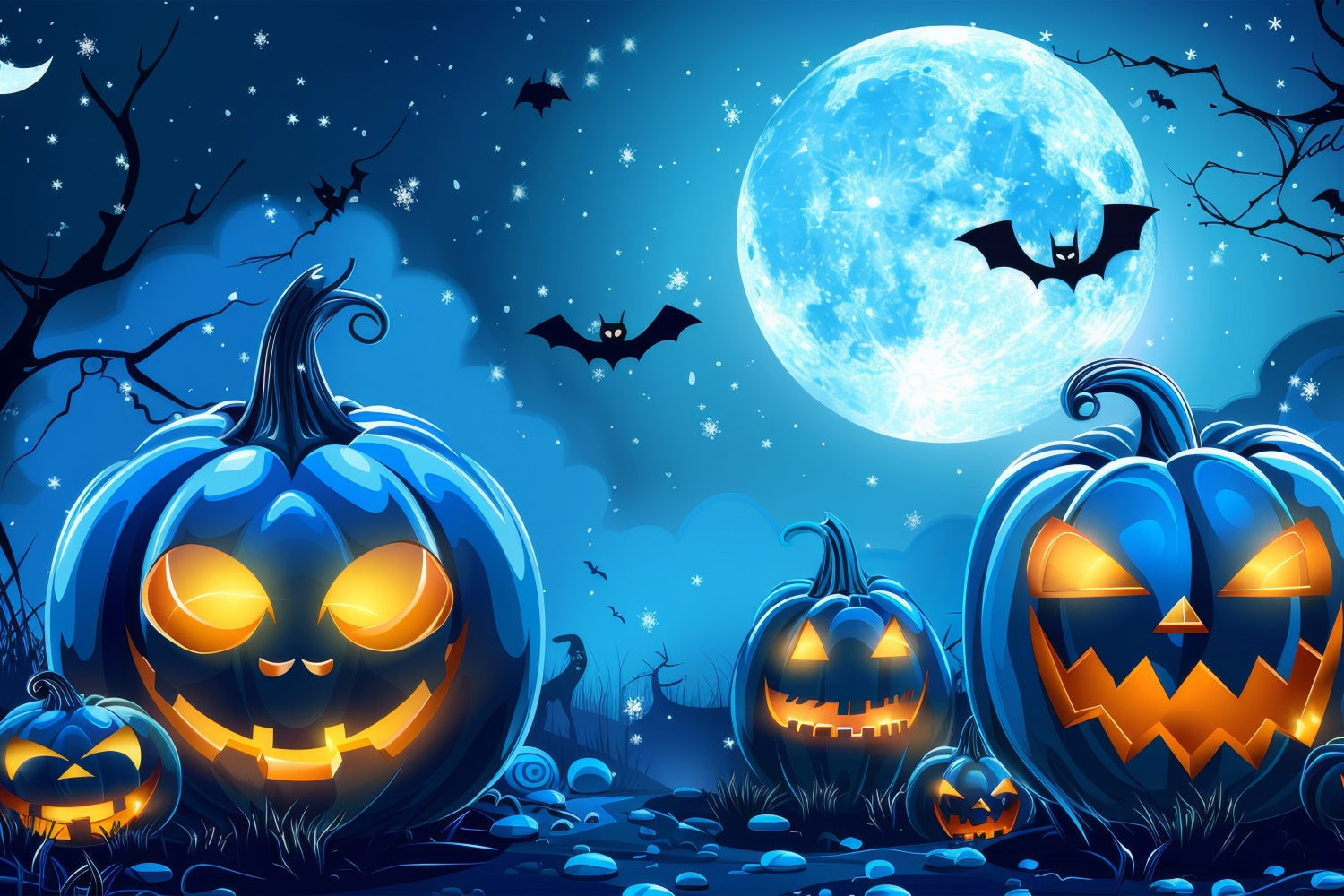 Inquietante Sfondo Blu Con Luna E Zucche Di Halloween BRP8-174