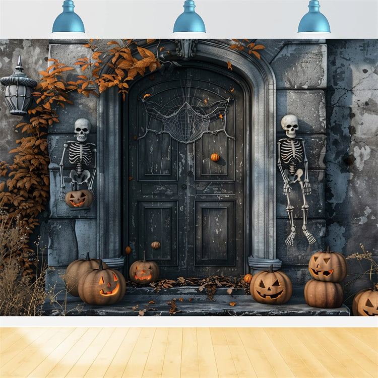 Sentinelle Scheletro E Sfondo Della Porta Di Halloween Con Zucca BRP8-196