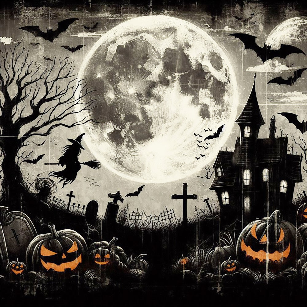 Cimitero Spaventoso Di Halloween Con Sfondo Di Strega Volante BRP8-197