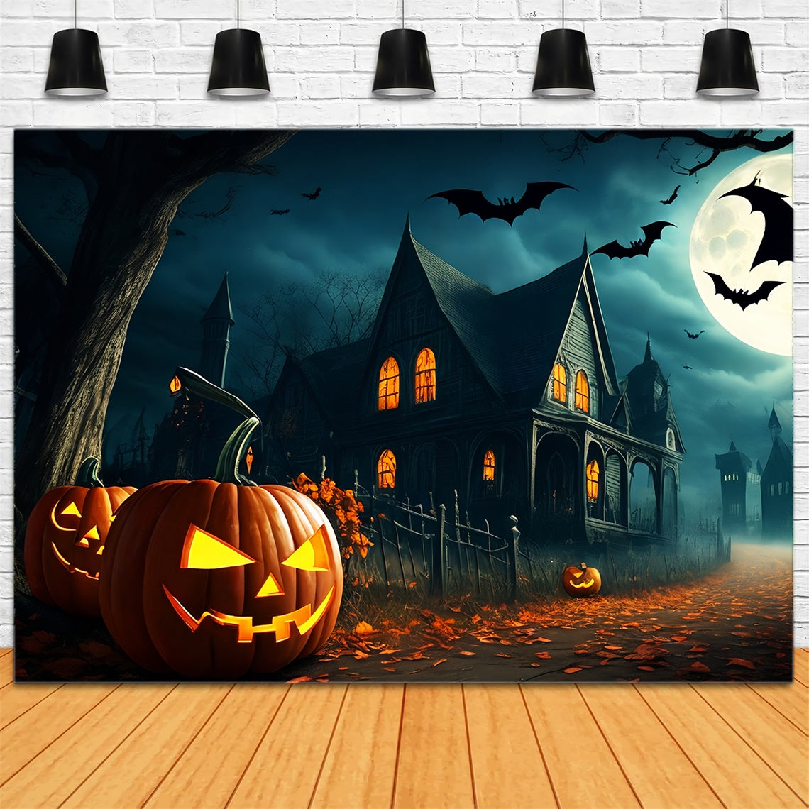 Sentiero Fiancheggiato Da Zucche Verso Il Tetro Villaggio Sfondo Di Halloween BRP8-251