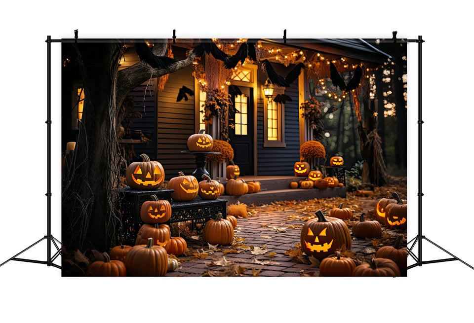 Sfondo Della Casa In Legno Illuminata Da Zucca Di Halloween BRP8-268