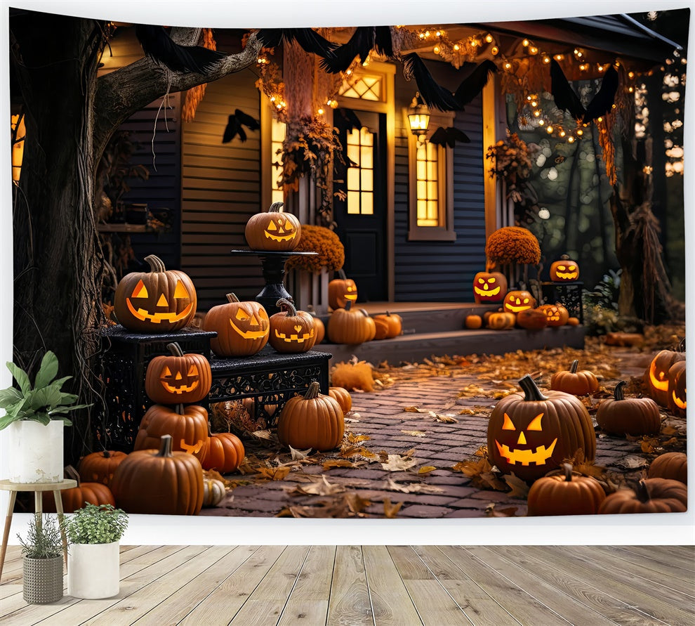 Sfondo Della Casa In Legno Illuminata Da Zucca Di Halloween BRP8-268