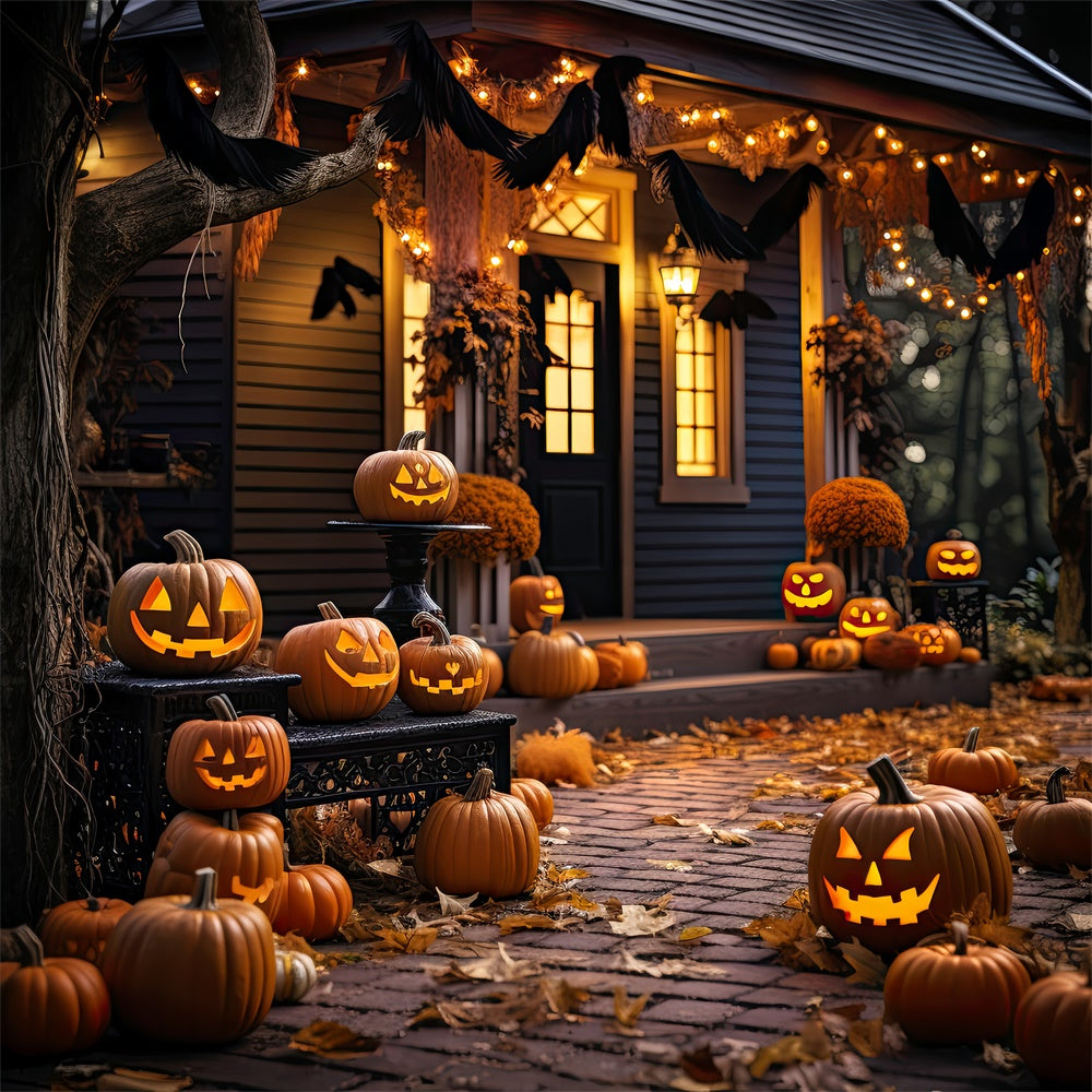 Sfondo Della Casa In Legno Illuminata Da Zucca Di Halloween BRP8-268