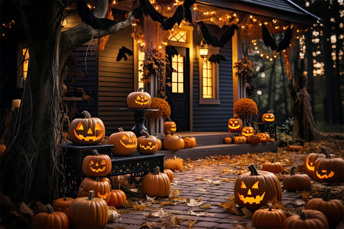 Sfondo Della Casa In Legno Illuminata Da Zucca Di Halloween BRP8-268