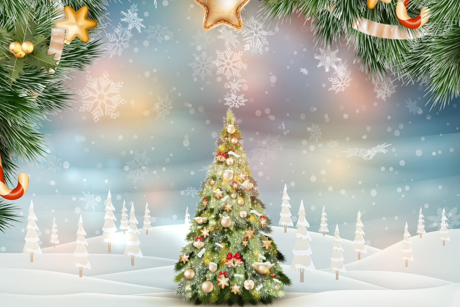 Sfondo Dell'Albero Di Natale Con Stelle Dorate E Fiocchi Di Neve BRP8-300