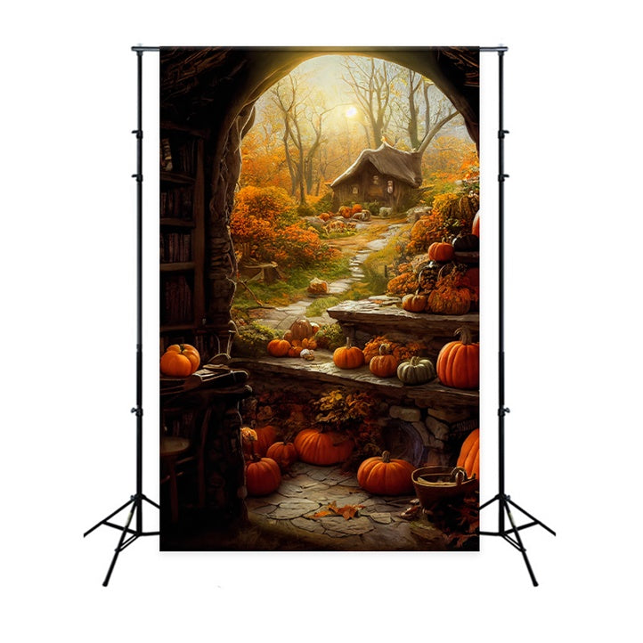 Cottage Rustico Con Sfondo Di Halloween Con Zucche BRP8-359