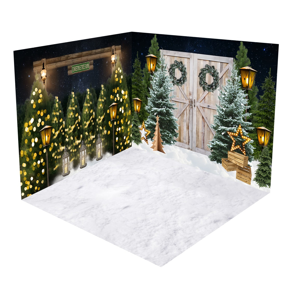 Set Per Stanza Con Fondale Per Porta Del Fienile Con Lanterna E Ghirlanda Di Alberi Di Natale BRP8-377