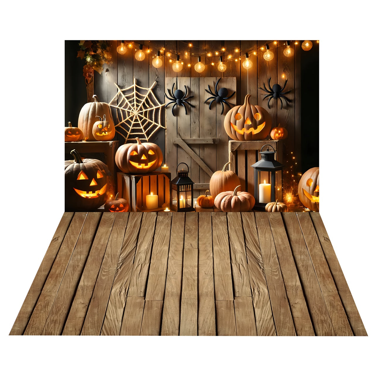 Sfondo Decorativo Zucca Ragno Di Halloween+Sfondo Pavimento In Legno BRP8-381