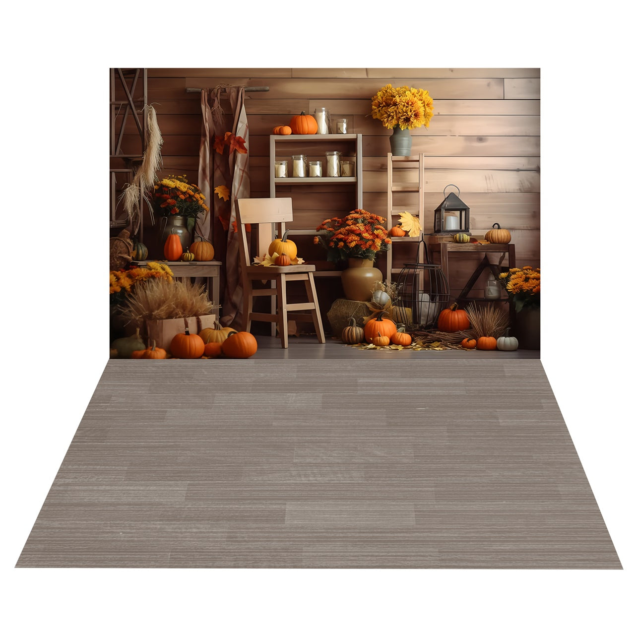 Sfondo Autunnale Per La Raccolta Della Zucca Al Coperto+Sfondo Per Pavimento In Legno Grigio BRP8-386