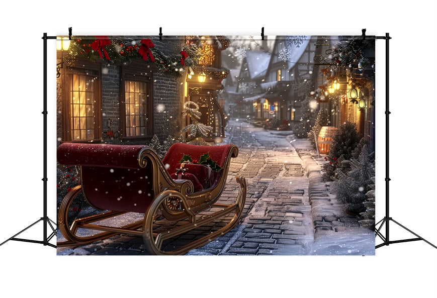 Sfondo Del Villaggio Di Slitta Di Natale Di Notte Innevata BRP8-71