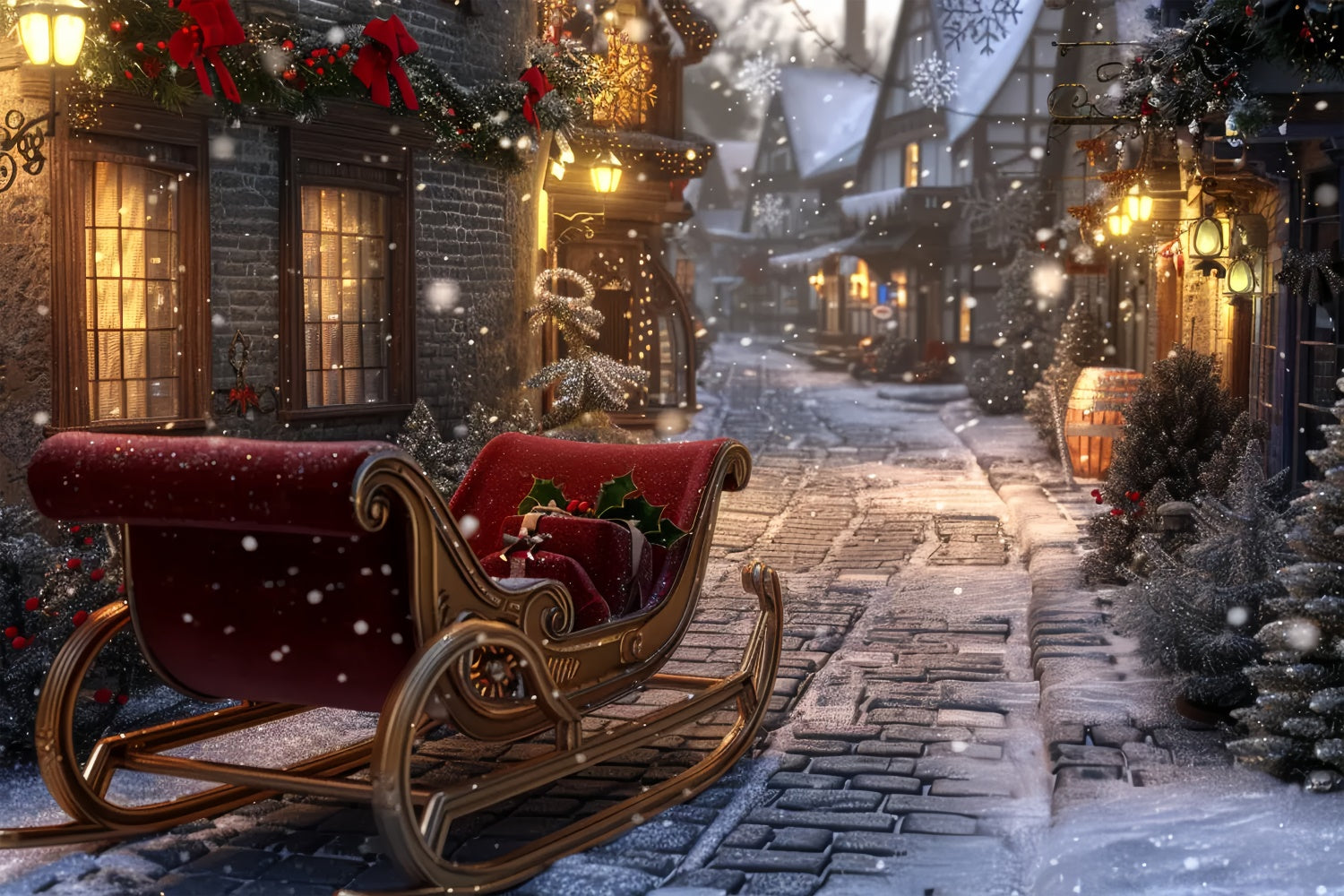Sfondo Del Villaggio Di Slitta Di Natale Di Notte Innevata BRP8-71