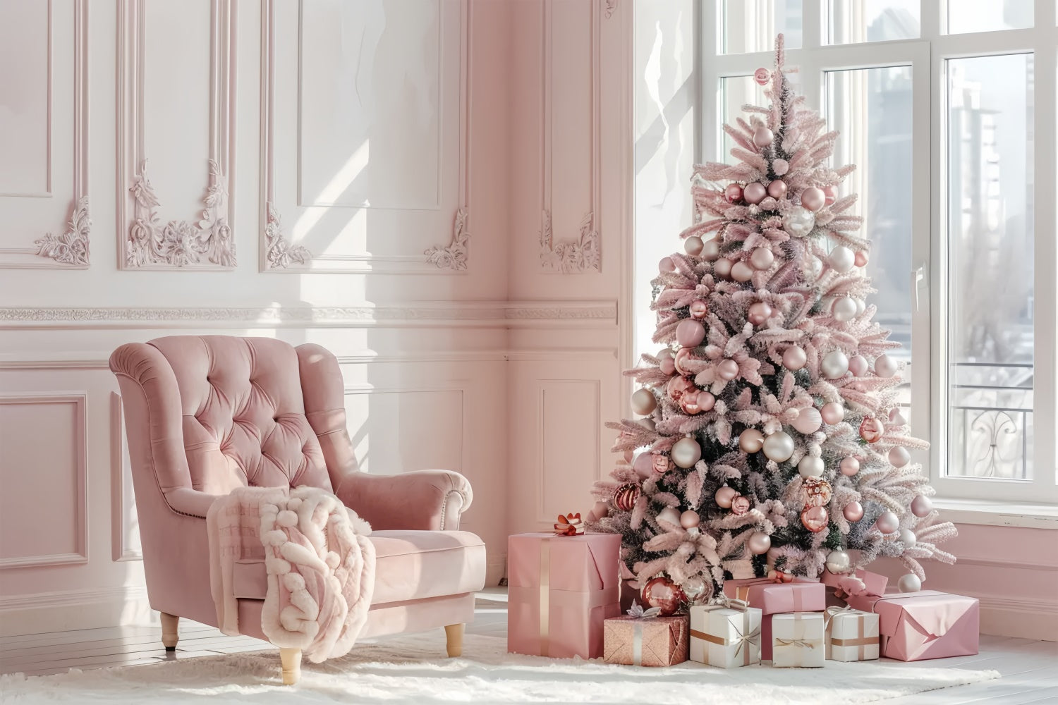 Elegante Albero Di Natale Rosa Con Sfondo Di Regali BRP8-75