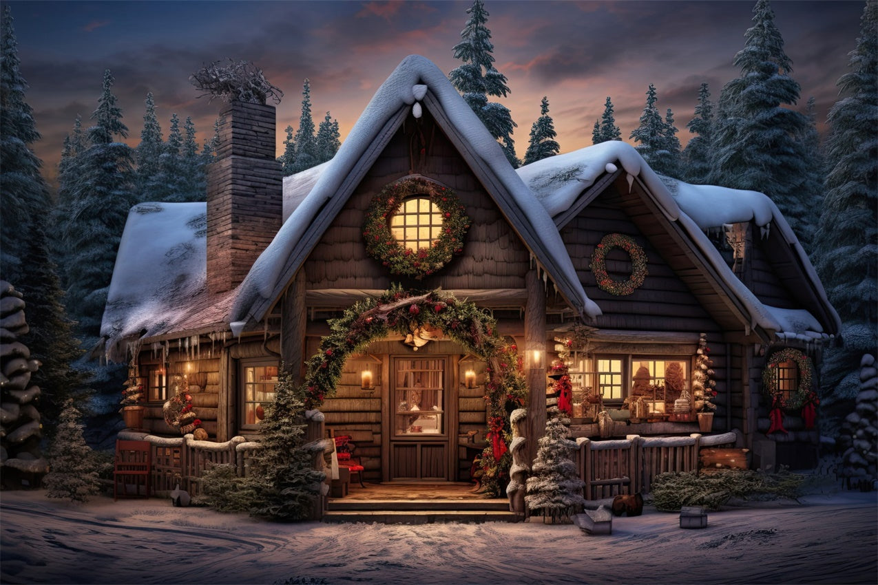 Sfondo Di Cottage Nel Bosco Caldo Di Natale BRP8-80