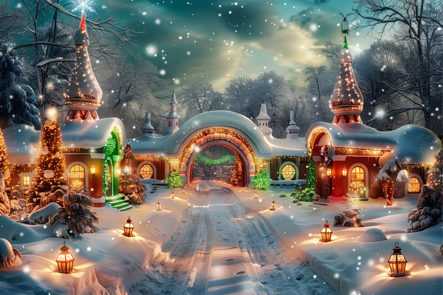 Lanterne Di Natale Luminose Sullo Sfondo Del Villaggio Innevato BRP9-102