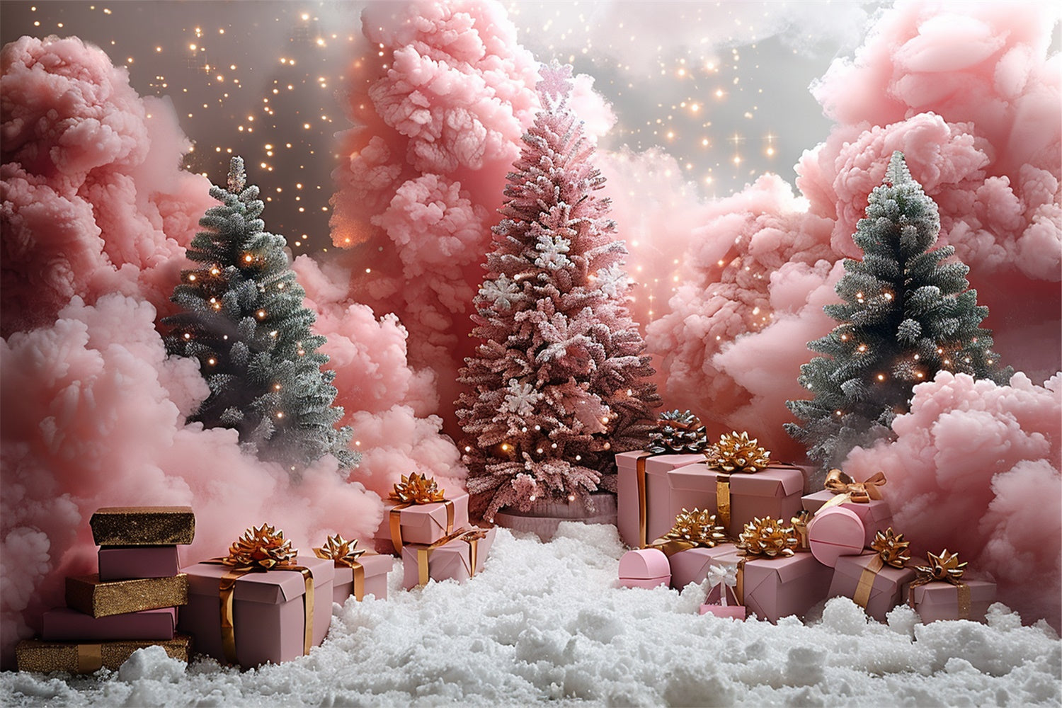 Pini Rosa Satinati Con Regali Di Natale E Sfondo Innevato BRP9-106