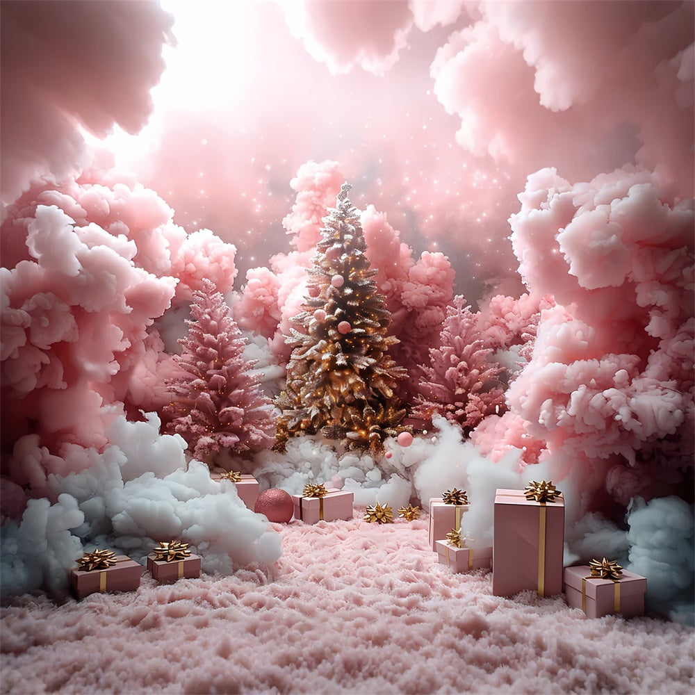 Nuvole Di Neve Rosa E Regali Di Natale Sullo Sfondo Dell'Albero BRP9-110
