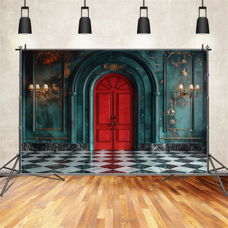 Porta Rossa Classica Con Eleganti Pareti Verde Acqua Sullo Sfondo BRP9-118