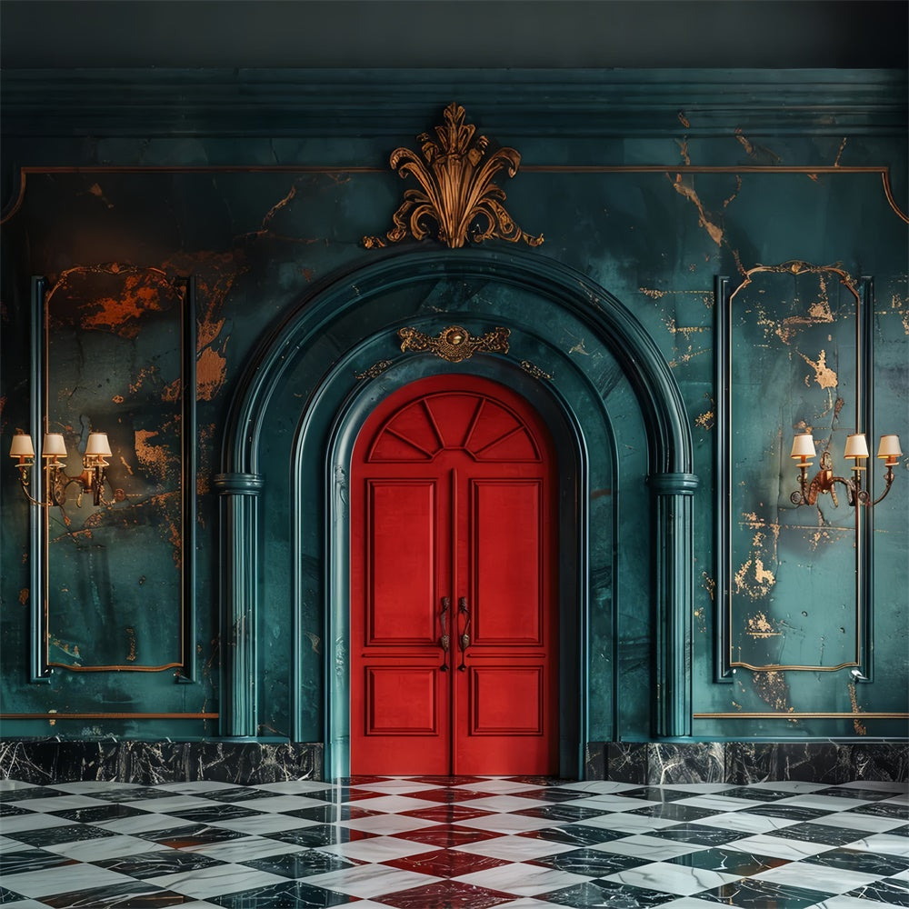 Porta Rossa Classica Con Eleganti Pareti Verde Acqua Sullo Sfondo BRP9-118
