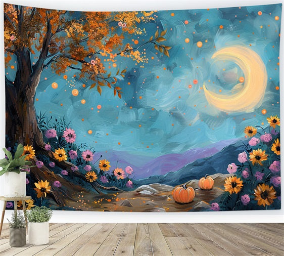 Sfondo Di Fiori Cielo Stellato Albero Autunnale Al Chiaro Di Luna BRP9-131