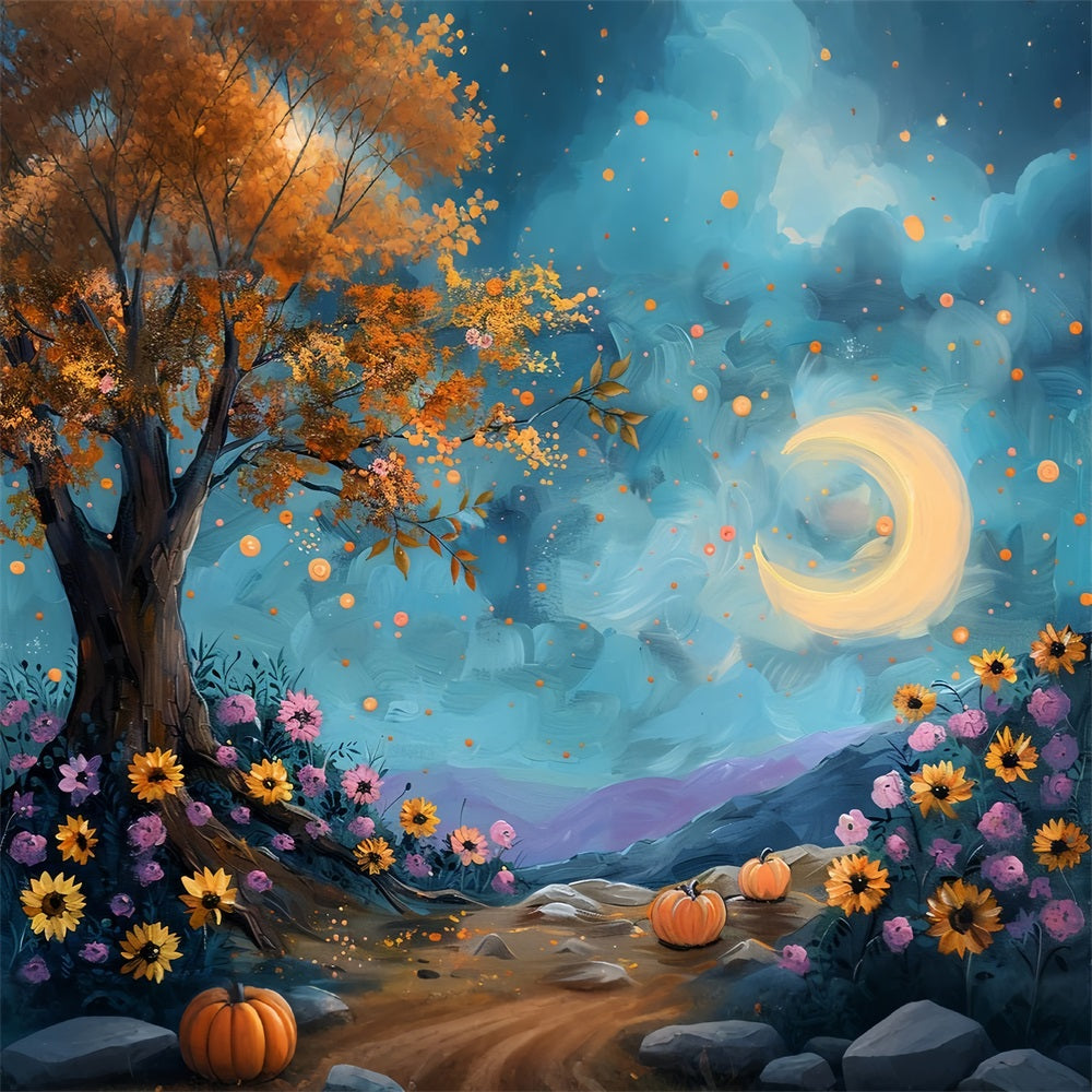 Sfondo Di Fiori Cielo Stellato Albero Autunnale Al Chiaro Di Luna BRP9-131