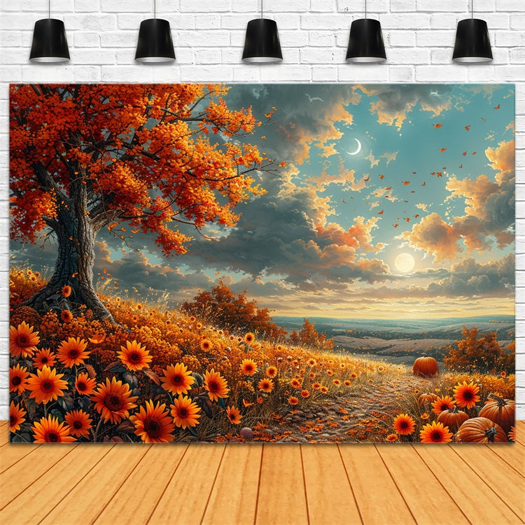 Sfondo Di Fiori Autunnali In Collina Illuminata Dal Sole Luna Crescente BRP9-134