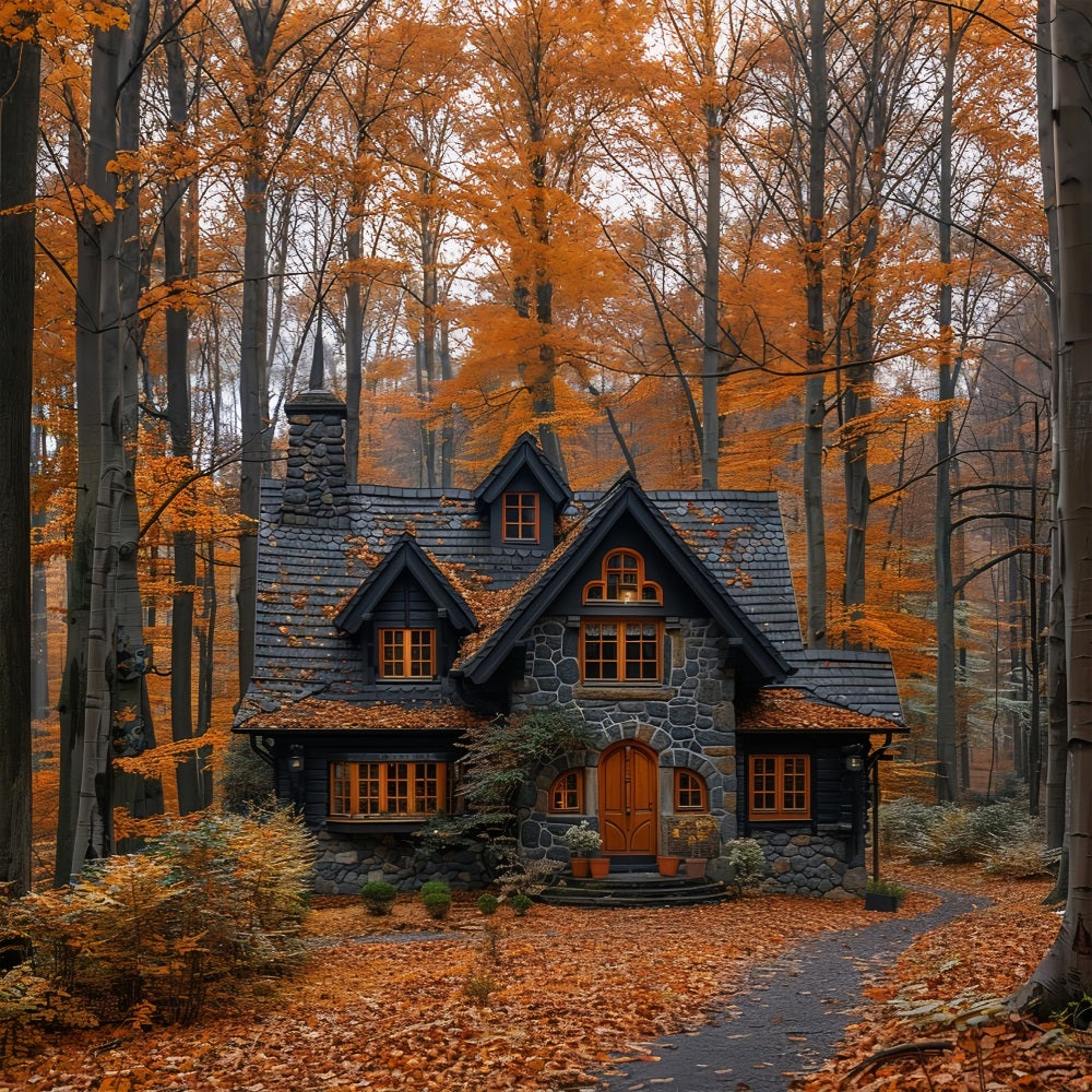 Foglie Autunnali Che Coprono Lo Sfondo Del Pittoresco Cottage Della Foresta BRP9-143