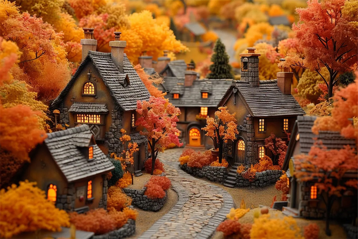 Sfondo Delle Finestre Del Cottage Luminoso Dell'Accogliente Villaggio Autunnale BRP9-151