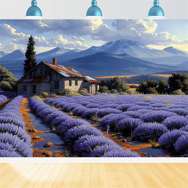 Sfondo Di Campi Di Lavanda Ondulati Con Vista Sulle Montagne BRP9-153