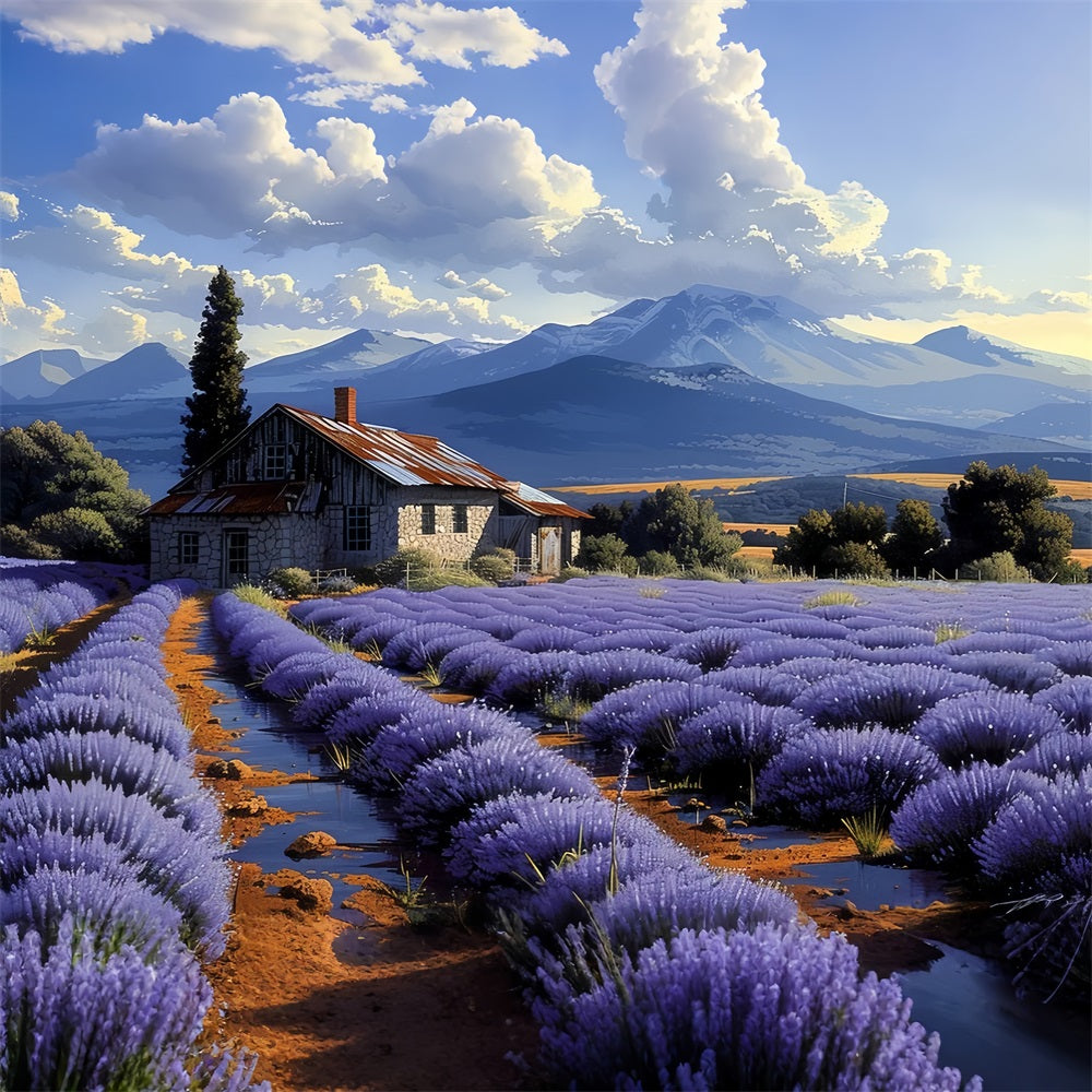Sfondo Di Campi Di Lavanda Ondulati Con Vista Sulle Montagne BRP9-153