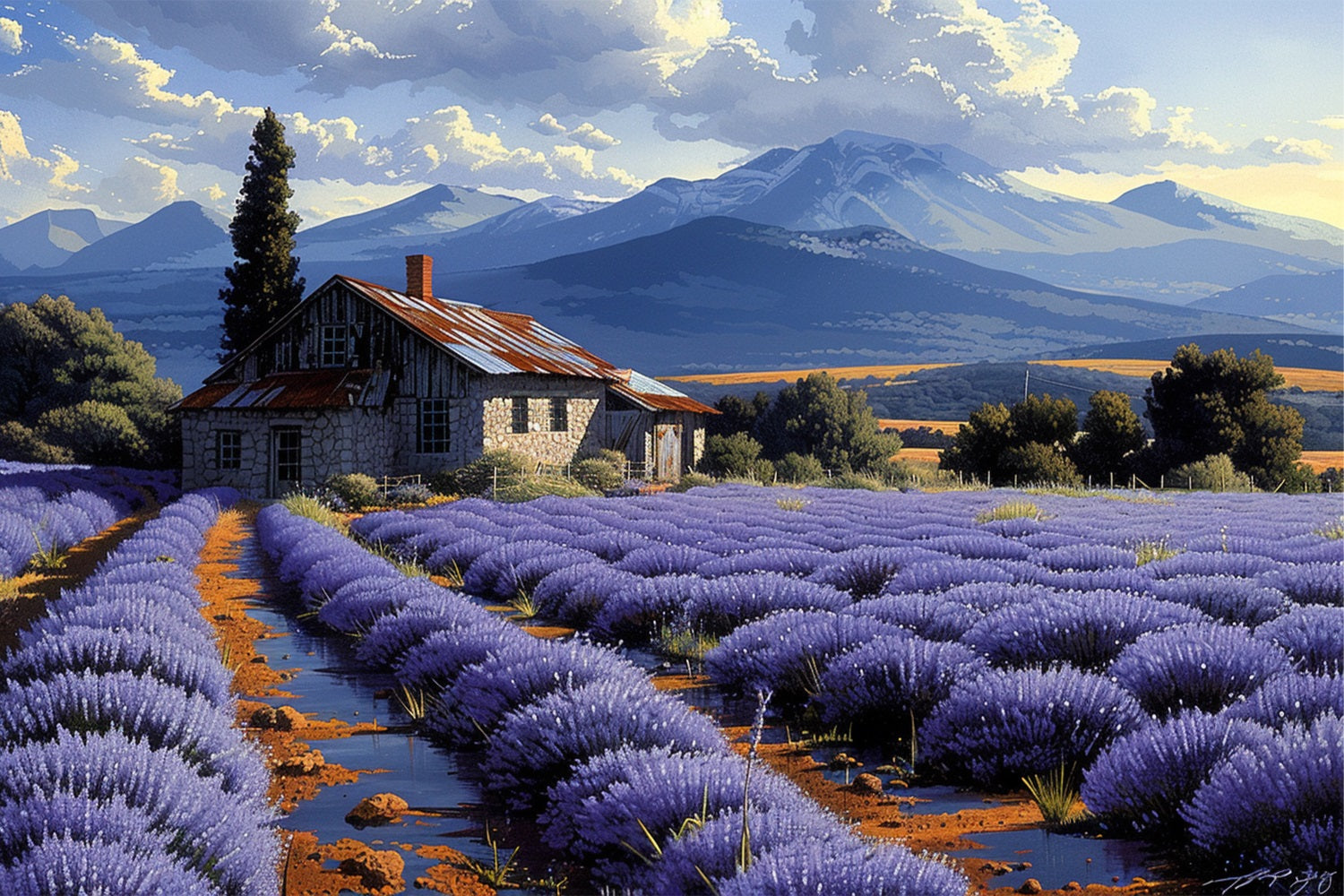 Sfondo Di Campi Di Lavanda Ondulati Con Vista Sulle Montagne BRP9-153