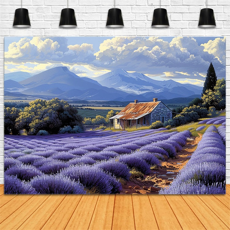 Campi Di Lavanda Viola Che Circondano Lo Sfondo Rustico Della Fattoria BRP9-154