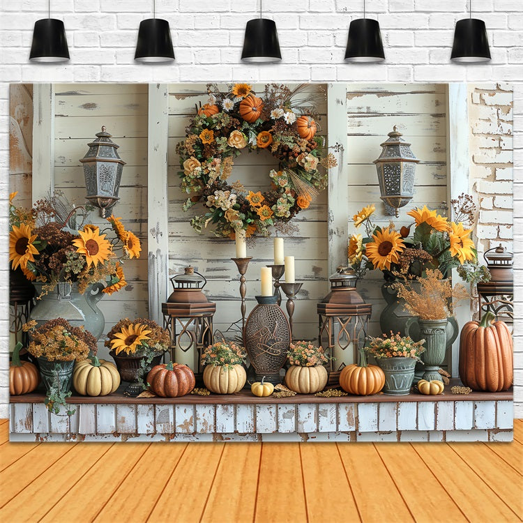 Sfondo Di Girasoli Con Corona Di Zucca E Raccolta Autunnale BRP9-158