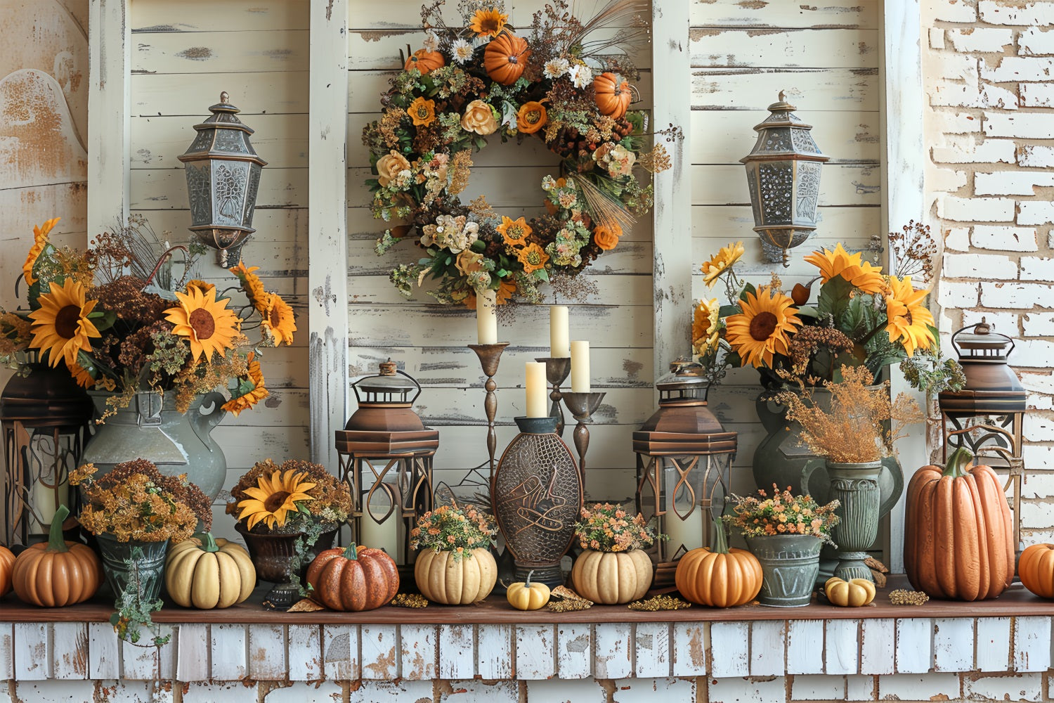 Sfondo Di Girasoli Con Corona Di Zucca E Raccolta Autunnale BRP9-158