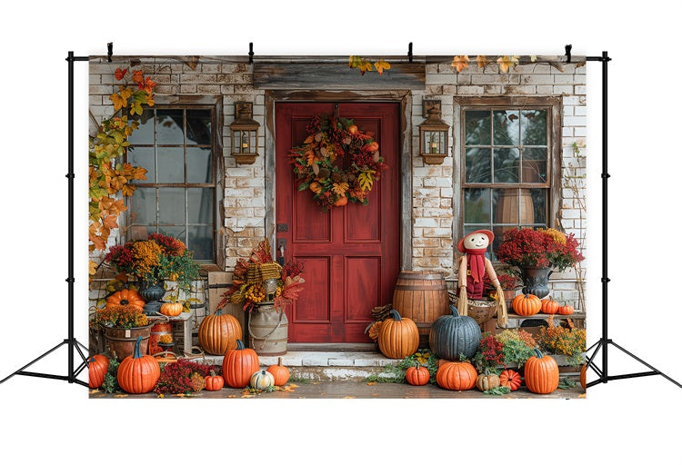 Sfondo Di Decorazioni Di Zucche Con Porta Rossa Del Portico Autunnale BRP9-172