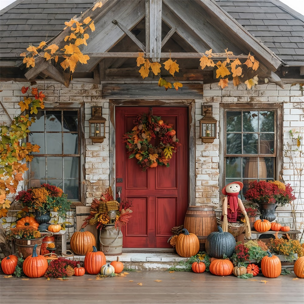 Sfondo Di Decorazioni Di Zucche Con Porta Rossa Del Portico Autunnale BRP9-172