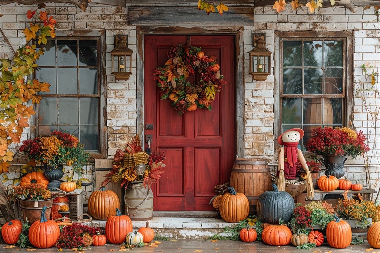 Sfondo Di Decorazioni Di Zucche Con Porta Rossa Del Portico Autunnale BRP9-172