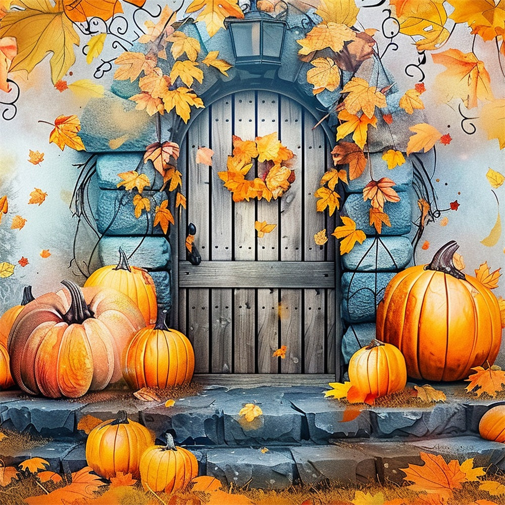 Sfondo Di Foglie Di Zucche Decorate Con Porta In Pietra Autunnale BRP9-177