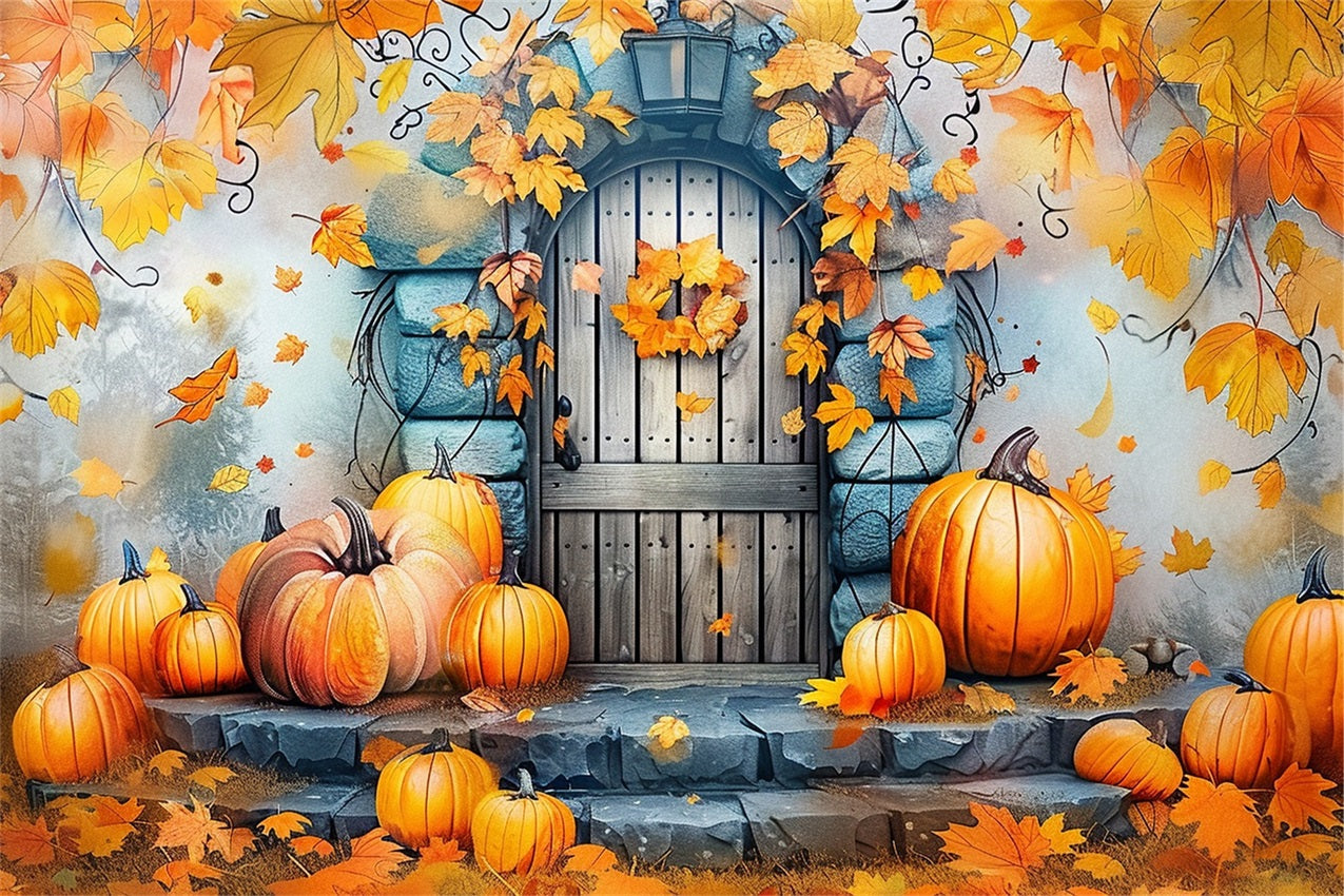 Sfondo Di Foglie Di Zucche Decorate Con Porta In Pietra Autunnale BRP9-177