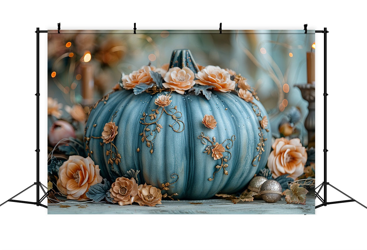 Affascinante Sfondo Autunnale Con Zucca Blu Decorata Con Motivi Floreali BRP9-178