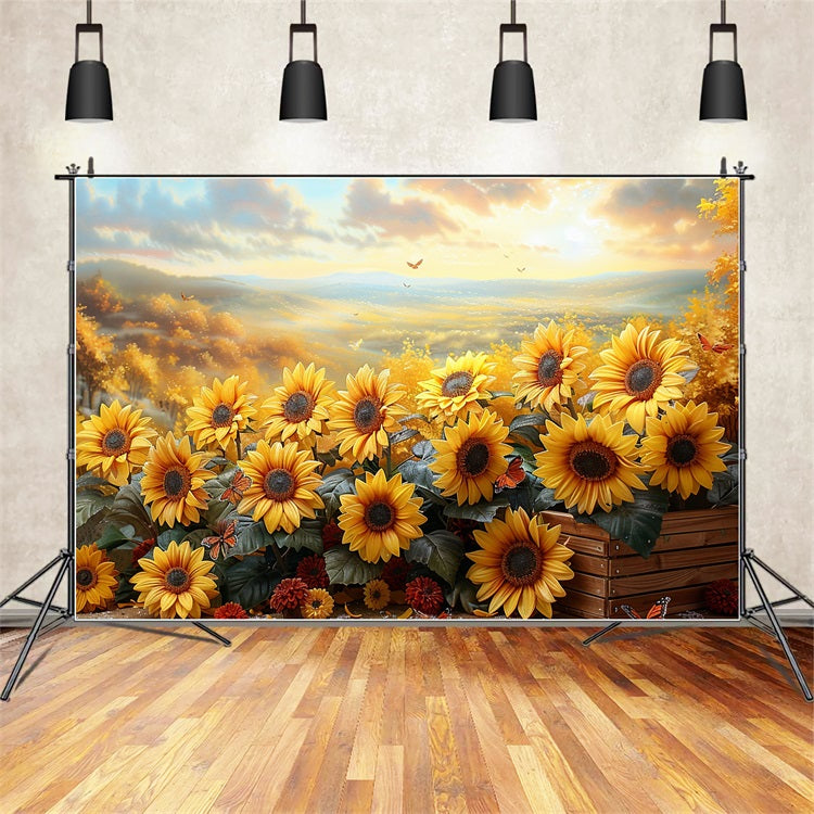 Sfondo Di Bagliore Del Tramonto Autunnale Del Campo Di Girasole Dorato BRP9-181