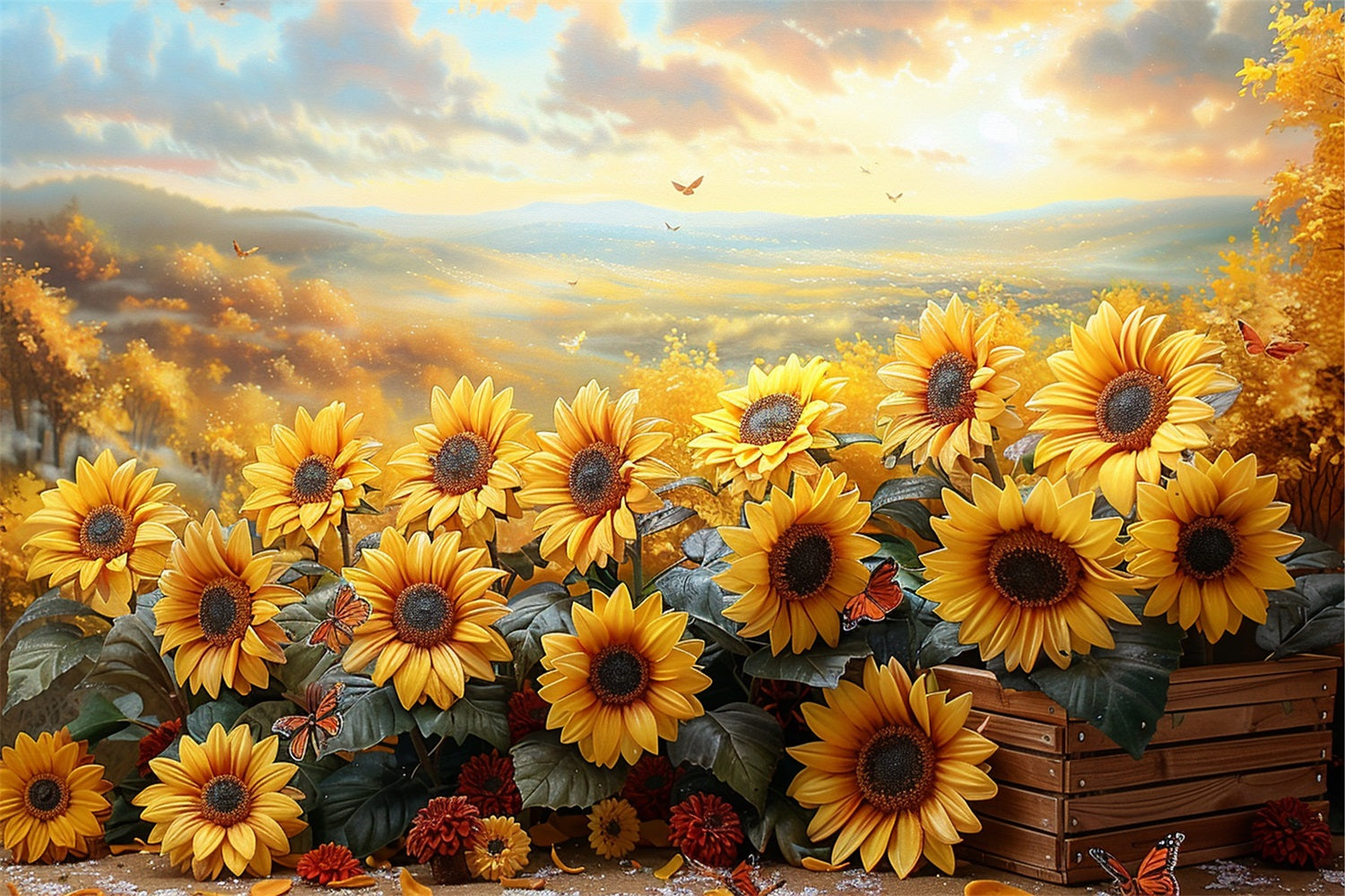 Sfondo Di Bagliore Del Tramonto Autunnale Del Campo Di Girasole Dorato BRP9-181