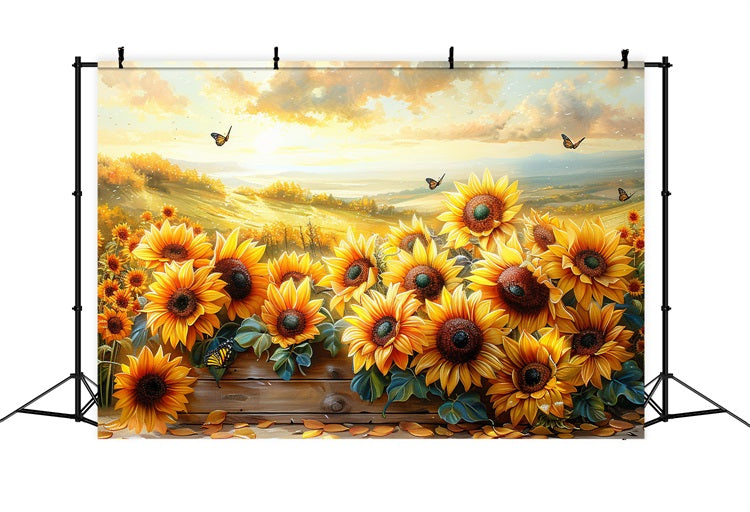 Girasoli Dorati Farfalle Galleggianti Sfondo Del Cielo Al Tramonto BRP9-183